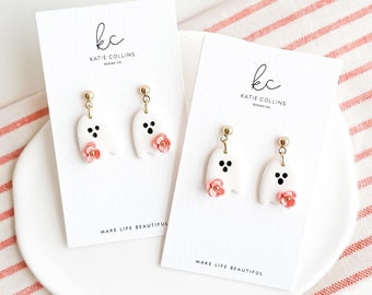 Handmade Halloween Ghost Earrings: Polymer Clay Floral Dangles