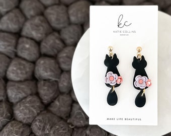 Handmade Black Cat Halloween Earrings: Floral Polymer Clay Dangles
