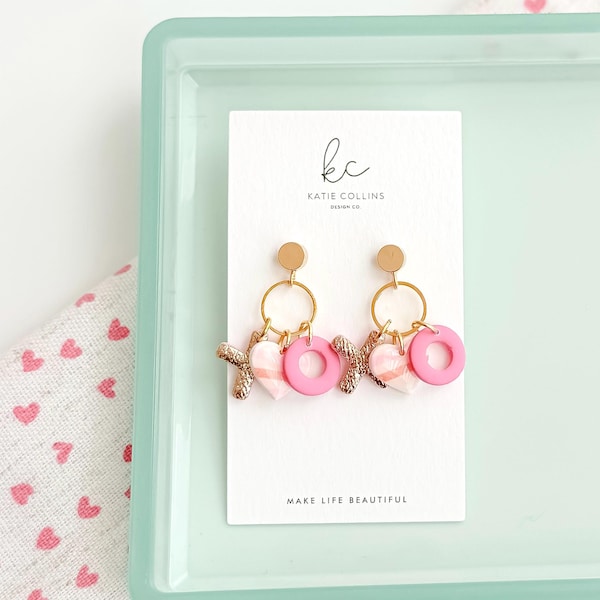 Pendientes con dije de corazón XO / Joyas de amor hechas a mano de arcilla polimérica para San Valentín