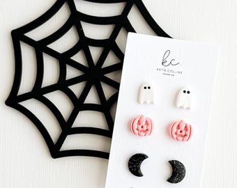 Halloween Stud Earrings 3 Pack: Handmade Polymer Clay Ghost, Pumpkin, Moon