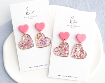Pink Glitter Heart Earrings | Handmade Polymer Clay Valentine's Day Gift