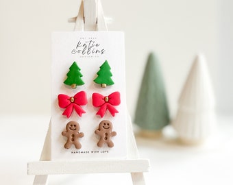 Handmade Polymer Clay Earrings | Studs | 3 Pack | Holiday | Christmas | Gift for Her | Christmas Tree | Red Bow | Gingerbread Man