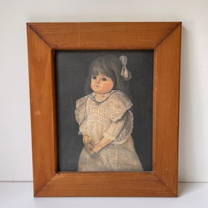 Vintage Framed Print of Little Girl with Teddy Bear – Cottagecore Nursery Wall Art – Rustic Wood Frame - Girls Room Decor - Vintage Artwork