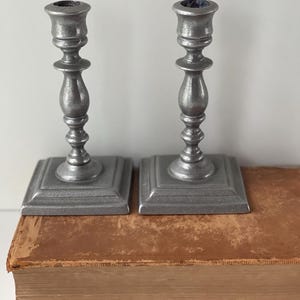 Vintage Pewter Candlestick Holders | Carson Square Base Candle Holders | Colonial Revival Decor Pair | Pewter Candle Holder Set