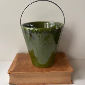 Vintage Green Glazed Hanging Pottery Vase with Wire Handle | Rustic Ceramic Planter Bucket | Vintage Green Pottery Planter | Garden Planter