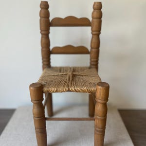 Vintage Miniature Wooden Ladderback Chair with Woven Seat – Rustic Folk Art Doll Furniture – Farmhouse Decor - Ladderback Spindle Chair