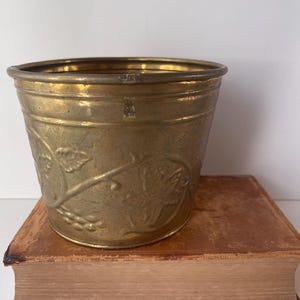 Vintage Brass Planter Pot with Embossed Leaf Design | Aged Brass Plant Container | Rustic Boho Decor | Small Metal Cachepot | Solid Brass