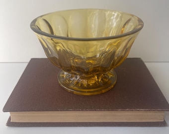 Vintage Amber Glass Footed Bowl – 6” Pressed Glass Compote with Starburst Base – Mid-Century Pedestal Candy or Dessert Dish - Amber Glass