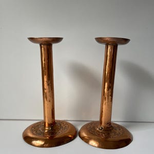 Vintage Copper Candlestick Holders – Handcrafted Hammered Metal Candle Stands with Floral Etching – Rustic Home Décor - Vintage Copper