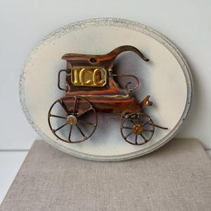 Vintage 3D Metal Wall Art Set  – Rustic Ice Wagon & Horse Carriage Plaques – Mid Century Style - Copper Wall Art -Copper Collector -