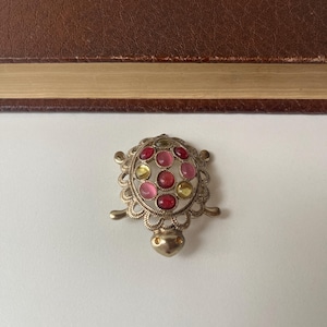 Vintage Pink & Yellow Turtle Brooch – Filigree Gold-Tone Shell with Cabochon Stones – Whimsical Estate Jewelry - Turtle Collector Pin
