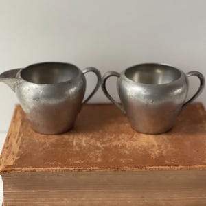 Vintage Pewter Creamer and Sugar Bowl Set | Rustic Farmhouse Kitchen Decor | Primitive Metal Tableware | Solid Pewter Set