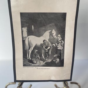 Antique “The Village Blacksmith” Print – Brown’s Famous Pictures No. 904 – Vintage Horse Scene by Herring – Early 1900s Farmhouse Wall Art