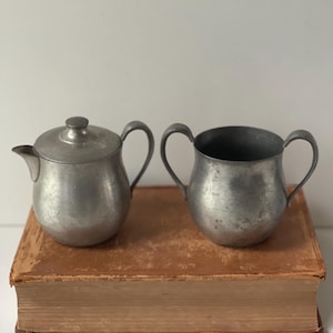 Vintage Pewter Teapot & Sugar Bowl Set | Rustic Primitive Metal Tea Set | Farmhouse Kitchen Decor | Solid Pewter Cream and Sugar