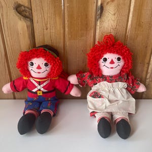 Vintage Raggedy Ann & Andy Handmade Cloth Dolls – Holiday Outfits – 15” Pair – Classic Americana Nursery Decor.  Raggedy Ann/Andy Collector