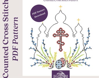PDF digitalCubierta de cesta ortodoxa Pascha Patrón de punto de cruz contado Diseño de iglesia floral rusa