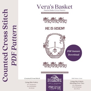 May include: A counted cross stitch pattern for a Pascha basket cover, featuring a basket with a cross and the text "HE IS RISEN!"  The pattern is available as an instant PDF download. The pattern is designed for 28 count fabric and measures 3.6 inches by 12.33 inches (14 cm x 32 cm).