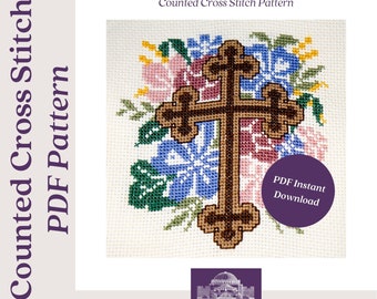 Patrón de punto de cruz contado en PDF digital Cruz con brotes florales