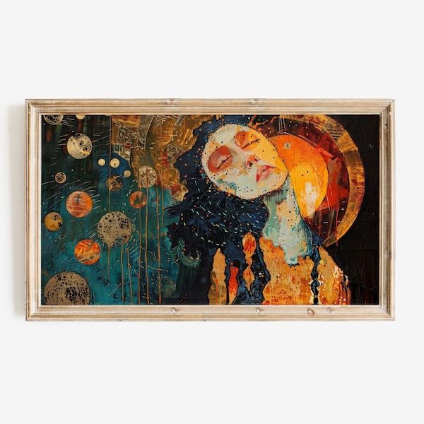 Abstract Cosmic Painting of a Woman, Frame TV Art, Colorful Space Theme, Modern Digital Download, Living Room Decor, Large Wall Art