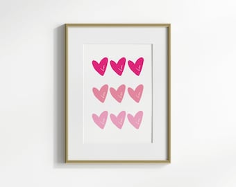 Pink hearts print, pink wall art, preppy dorm room decor aesthetic poster, vertical wall art dopamine decor, love room decor