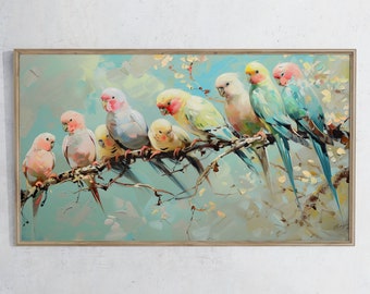 Colorful Parakeet Digital Painting, Frame TV Art, Birds on Branch, Vibrant Home Decor, Modern Art Download, Wall Art for Living Room