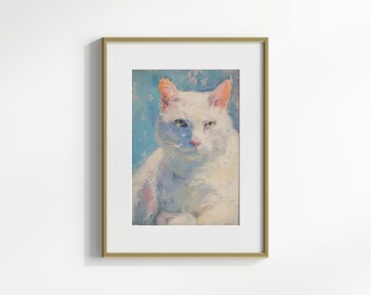 Cat portrait, pastel wall art, preppy dorm room decor, vertical wall art dopamine decor, cat lover gift, digital print