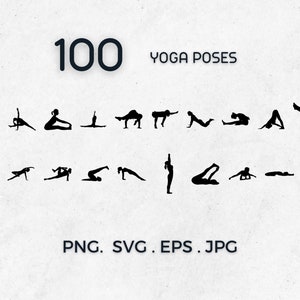 100 yoga poses bundle, haute qualité, svg, png, eps, jpg, compatible cricut, silhouettes 300 DPI, téléchargement.