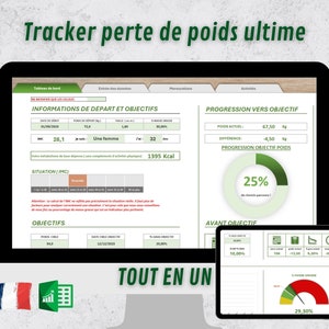Peut inclure: Un écran d'ordinateur affichant un suivi de perte de poids avec une barre de progression verte indiquant 25% de complété. L'écran affiche un objectif de perte de poids de 54,0 livres et un poids actuel de 67,50 livres. L'écran affiche également un indice de masse corporelle (IMC) de 28,1 et un pourcentage de graisse corporelle de 30%. L'écran est intitulé "Tracker perte de poids ultime".