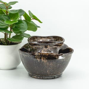 May include: A green Peperomia plant in a smooth white cylindrical ceramic pot next to a dark brown, multi-tiered ceramic planter with a glossy, speckled finish and a wide, rounded base featuring multiple openings for planting.
