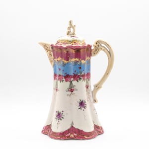 Antique Japanese Kutani Tall Pink Blue Porcelain Tea Pot in Chocolate Pot Form