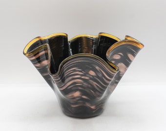 2003 Claude Kurtz Fernhill Glass Studios Black & Amber Ruffle Vase Oregon