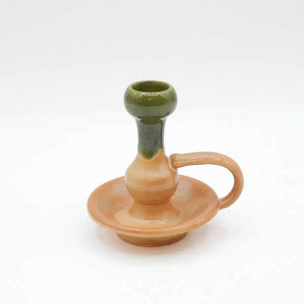 Mini 3" Ceramic Candlestick Holder with Handle - Brown & Green Vintage Pottery