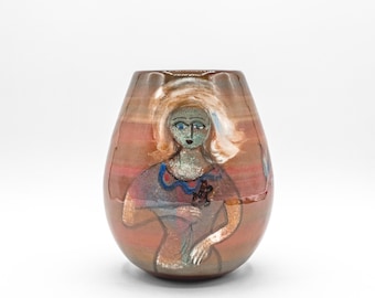 Polia Pillin 6" Hand-Painted Two Women & Bird Vase - Mid-Century Modern Pottery