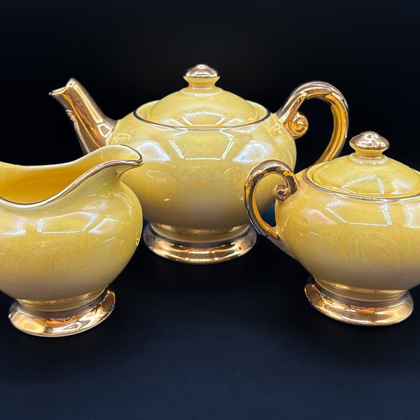 Vintage Acme Craftware 22KT Gold Trim Teapot, Sugar & Creamer Set