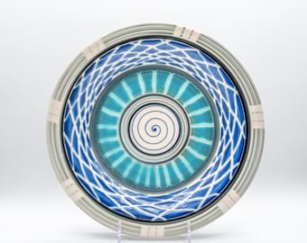 1992 Wayne L Bates 11.75" Porcelain Blue Sgraffito Plate Platter - Vintage Contemporary Studio Pottery