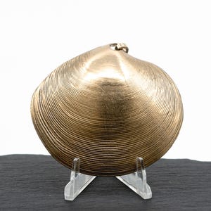 May include: A metallic gold-toned clam shell pendant featuring a textured surface with concentric ridges and a small loop at the top for attachment. The shell is displayed upright on a clear plastic stand, showcasing its rounded shape.