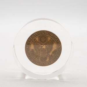 Vintage Department of State USA Challenge Coin in Lucite Paperweight