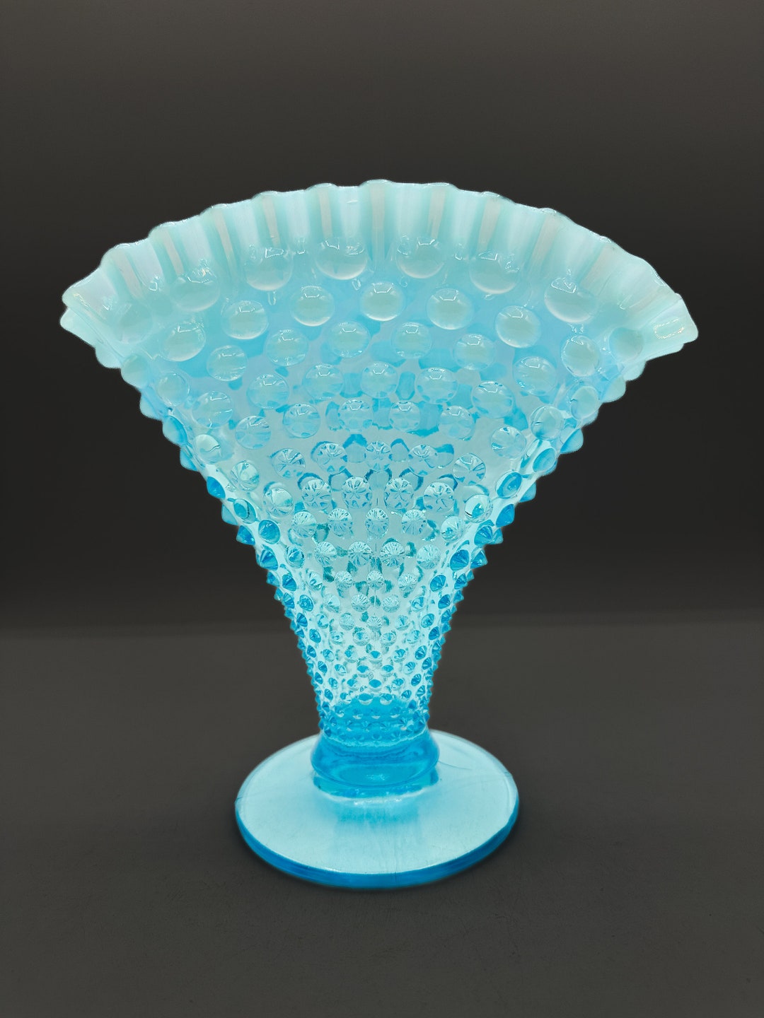 Vintage 8 Fenton Hobnail Fan Vase Blue Opalescent Art Glass Ruffled