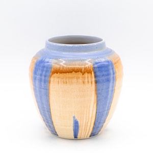 May include: A ceramic vase with a rounded body and a wide opening. The vase features vertical stripes of blue and brown against a cream-colored background. The rim is a light blue color.
