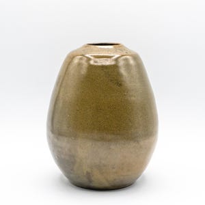 May include: A handcrafted, egg-shaped ceramic vase with a speckled, earthy brown glaze. The vase has a smooth, rounded form and a small opening at the top. The color gradient transitions from a lighter brown at the top to a darker brown at the base.