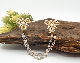 Vintage Mid-Century Faux Pearl Gold-Tone Double Chain Bow Sweater Clip