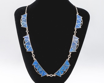 Vintage Modernist Geometric 19" Sterling Silver Blue Lapis Lazuli Necklace - 925 Artisan Made