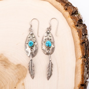 May include: A pair of silver earrings with turquoise stones and feather pendants. The earrings have a detailed, engraved design and are displayed on a light wood surface. The turquoise stones are round and set in the center of the earrings.