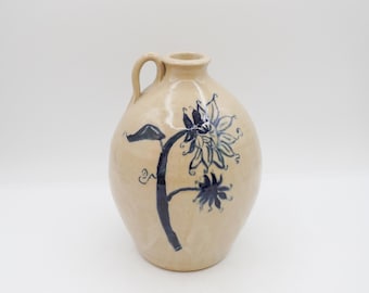 1993 Sheltons Pottery 7" Floral Blue Decorated Stoneware Jug Vintage Seagrove NC