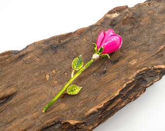 Vintage Pink Enameled Long Stemmed Rose Brooch Pin - Retro Floral Jewelry