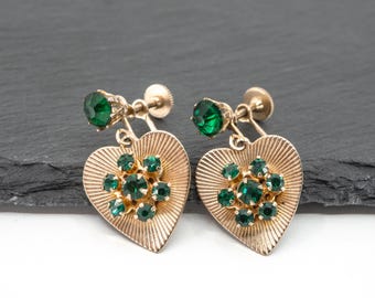 Vintage Heart-Shaped Dangle Screw Back Earrings - Emerald Green Crystals Gold Tone