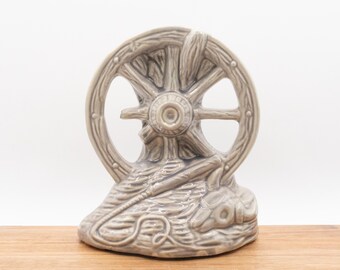 Vintage McCoy Western Wagon Wheel Glazed Pot with Cow Skull & Whip in Gray