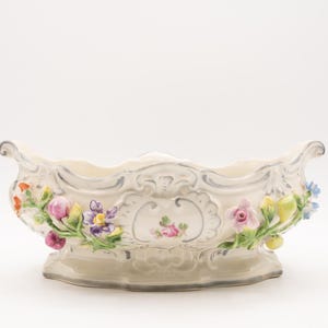 Antique Dresden Carl Thieme Porcelain Oval Pedestal Bowl with Applied Flowers