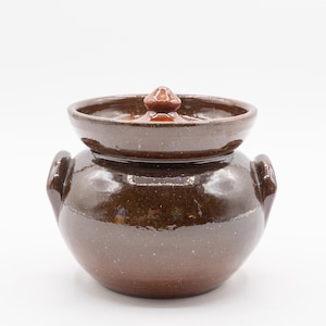 May include: A brown ceramic pot with a lid, featuring two side handles. The pot has a glossy finish and a rounded shape. The lid has a small knob on top. This item is suitable for kitchen storage.