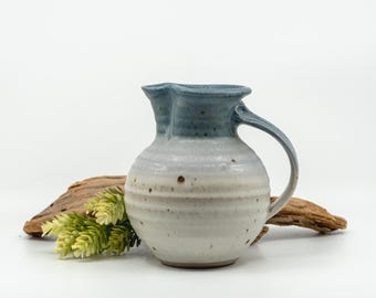 Vintage Handmade Stoneware Pitcher Vase Blue & White Studio Pottery Signed